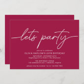 Lasst uns Party | Einfaches Script Maroon Red Birt Einladung (Vorne/Hinten)