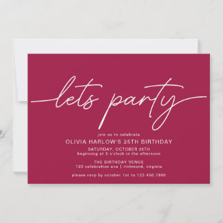 Lasst uns Party | Einfaches Script Maroon Red Birt Einladung