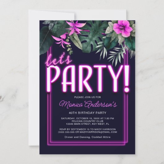 Lasst uns Party Electric Pink Neon Tropical Geburt Einladung (Vorderseite)