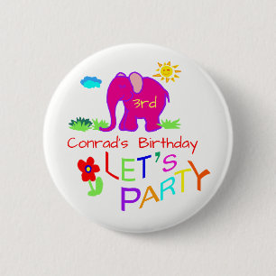 Lasst uns Party Elefanten farbenfrohe Name & Alter Button