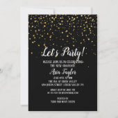 Lasst uns Party Gold Confetti auf Black Abschluss Einladung (Vorderseite)