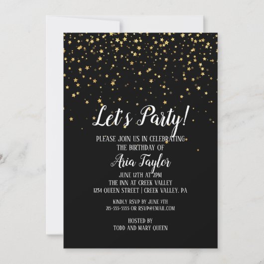 Lasst uns Party Gold Confetti auf Black Birthday P Einladung (Vorderseite)
