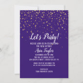 Lasst uns Party Gold Confetti auf Lila Party Einladung (Vorderseite)