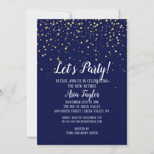 Lasst uns Party Gold Confetti auf Navy Blue Party Einladung (Vorderseite)