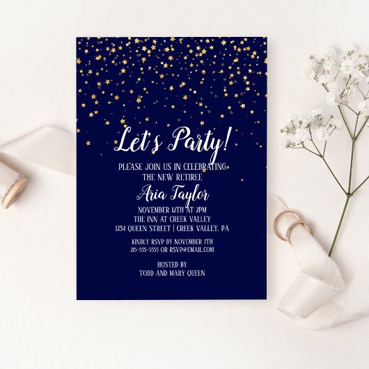 Lasst uns Party Gold Confetti auf Navy Blue Party Einladung