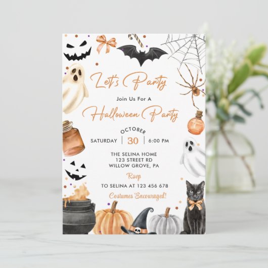 Lasst uns Party Halloween-Party Pumpkin Einladung (Stehend Vorderseite)