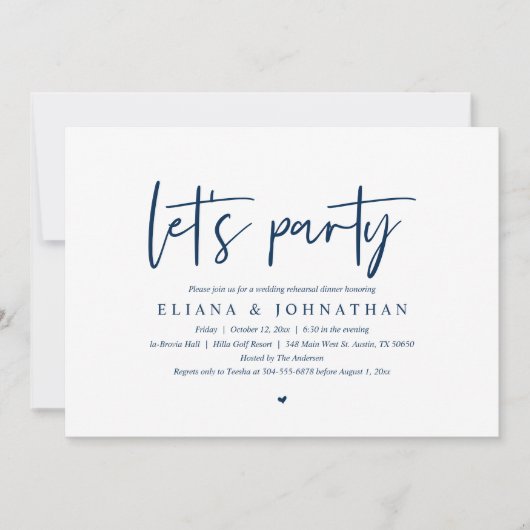 Lasst uns Party, Hochzeit Probe Abendessen Einladu Einladung (Vorderseite)