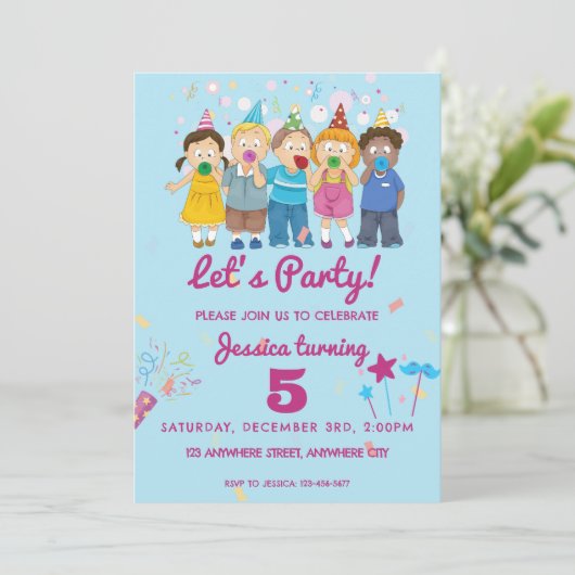 Lasst uns Party Kindergeburtstag Party Einladung (Stehend Vorderseite)