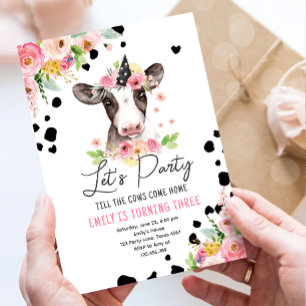 Lasst uns Party Kuh Floral Girl Farm Tiere Geburts Einladung