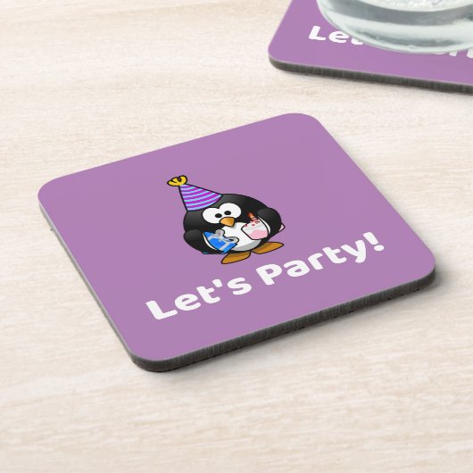 Lasst uns Party machen! Penguin Funny Birthday Par Getränkeuntersetzer (Linke Seite)