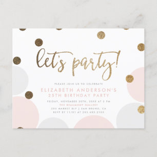 Lasst uns Party machen! Rosa Blasen Gold Script Einladungspostkarte