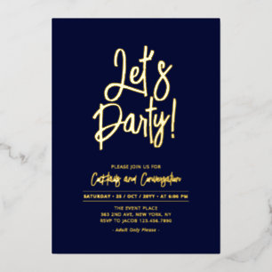 Lasst uns Party   Navy Blue Chic Script Party Even Folieneinladung