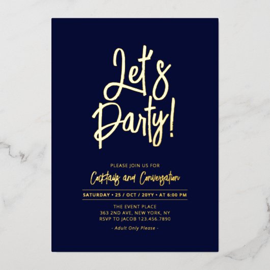 Lasst uns Party | Navy Blue Chic Script Party Even Folieneinladung (Vorderseite)