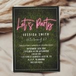 Lasst uns Party Neon Boxwood Geburtstag Einladung<br><div class="desc">Rosa Neon inspirierte "Let's Party" Skript über den Hintergrund von Boxwood-Grün mit benutzerdefiniertem Weißtext.</div>