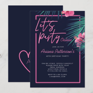 Lasst uns Party Online Neon Pink Tropical Geburtst Einladung