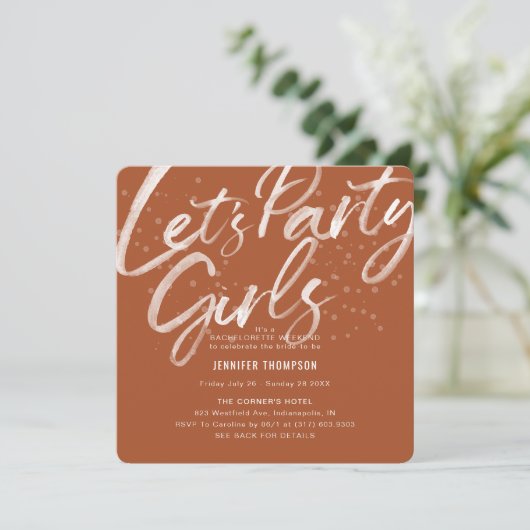 Lasst uns Party Terracotta Junggeselinnen-Abschied Einladung (Stehend Vorderseite)