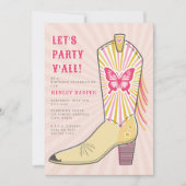Lasst uns Party Yall Butterfly Cowboy Boot Geburts Einladung (Vorderseite)