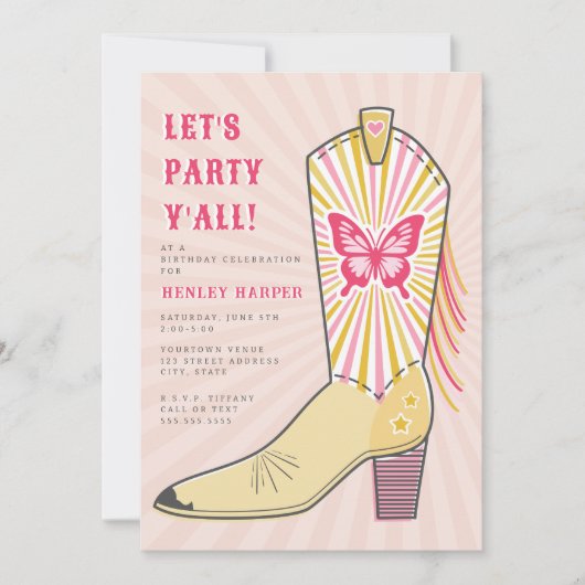 Lasst uns Party Yall Butterfly Cowboy Boot Geburts Einladung (Vorderseite)