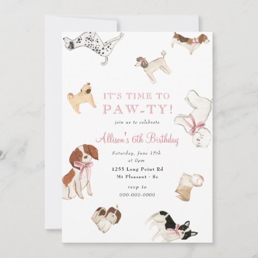 Lasst uns Paw-ty Dog Girl Pink Animal Birthday Par Einladung (Vorderseite)