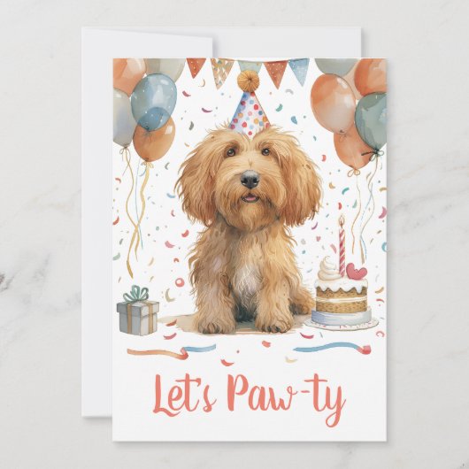 Lasst uns Pawty Birthday Goldendoodle Hund Einladung (Vorderseite)