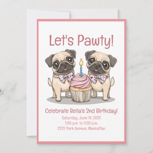 Lasst uns Pawty Birthday Mops Hunde Cupcake Einladung (Vorderseite)