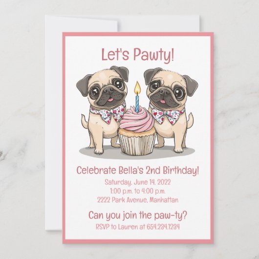 Lasst uns Pawty Birthday Mops Hunde Cupcake Einladung (Vorderseite)