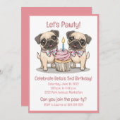 Lasst uns Pawty Birthday Mops Hunde Cupcake Einladung (Vorne/Hinten)