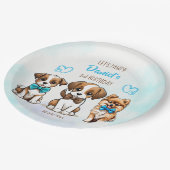 Lasst uns pawty blauen niedlichen Welpen Geburtsta Pappteller (Schrägansicht)