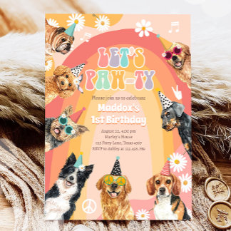 Lasst uns Pawty Hund Retro Groovy Boy Geburtstag Einladung