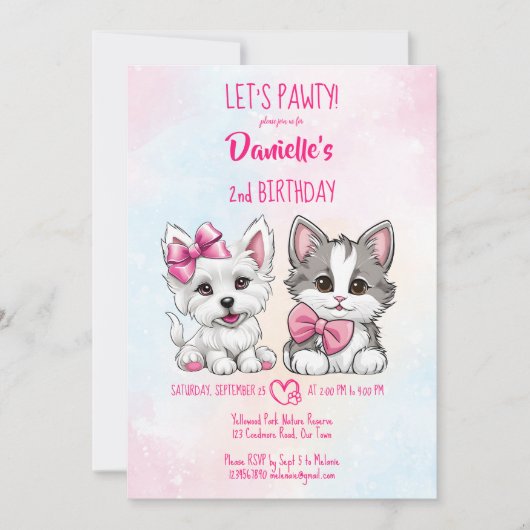 Lasst uns pawty pink niedliche Welpe und Kätzchen Einladung (Vorderseite)