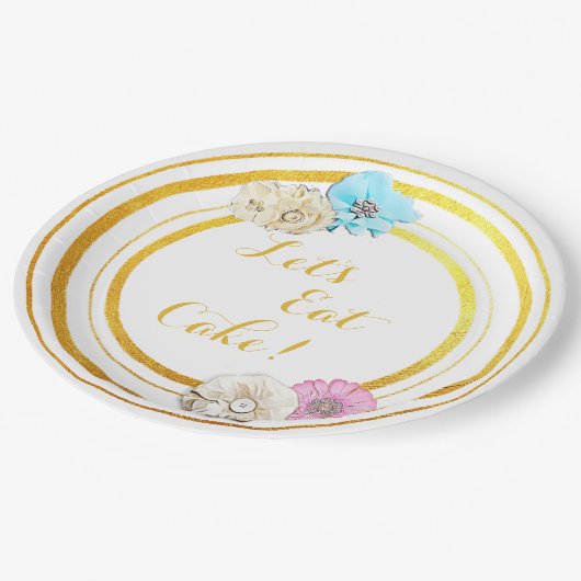 Lasst uns Pink und Blauer Teller mit Blumenpapier (Schrägansicht)