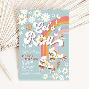 Lasst uns Retro Groovy Blue Rollschuh Geburtstag f Einladung