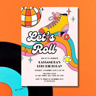 Lasst uns Retro-Roller-Skating-Mädchen-Geburtstag Einladung