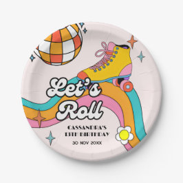 Lasst uns Retro-Rollschuh-Lauf-Mädchen-Geburtstag  Pappteller