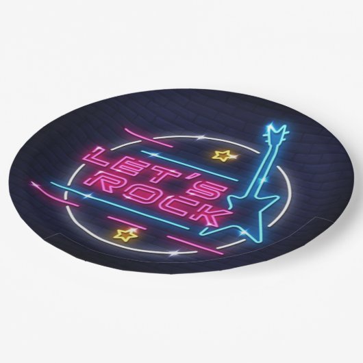 Lasst uns Rock Retro Neon Pappteller (Schrägansicht)
