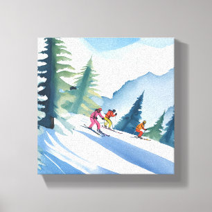 Lasst uns Ski fahren Winter Aquarell Leinwanddruck