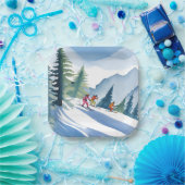Lasst uns Ski fahren | Winter Aquarell Pappteller (Party)