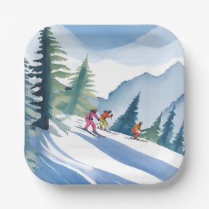 Lasst uns Ski fahren Winter Aquarell Pappteller
