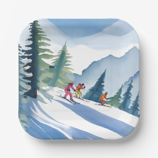Lasst uns Ski fahren | Winter Aquarell Pappteller (Vorderseite)