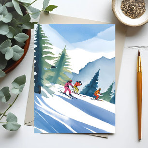 Lasst uns Ski fahren   Winter Aquarell Postkarte