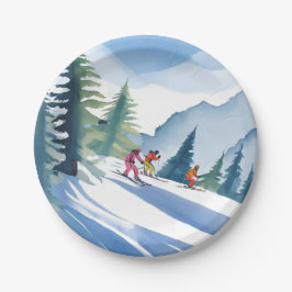 Lasst uns Ski fahren | Winter Wasserfarbe Pappteller