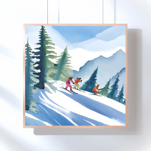 Lasst uns Ski fahren   Winter Wasserfarbe Poster