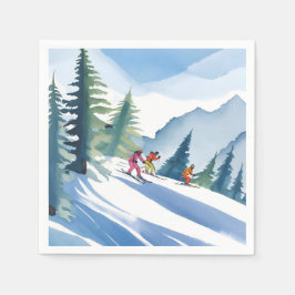 Lasst uns Ski fahren | Winter Wasserfarbe Serviette