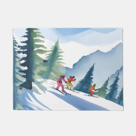 Lasst uns Ski fahren | Winter-Wasserfarbenmalerei Fußmatte