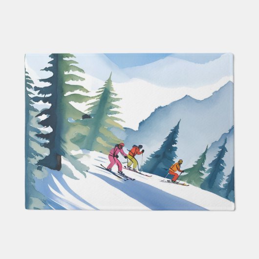 Lasst uns Ski fahren | Winter-Wasserfarbenmalerei Fußmatte (Vorderseite)