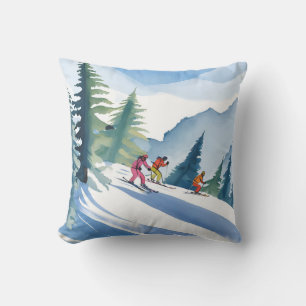 Lasst uns Ski fahren   Winter-Wasserfarbenmalerei Kissen
