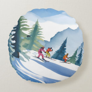 Lasst uns Ski fahren   Winter-Wasserfarbenmalerei Rundes Kissen