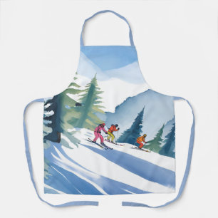 Lasst uns Ski fahren   Winter-Wasserfarbenmalerei Schürze