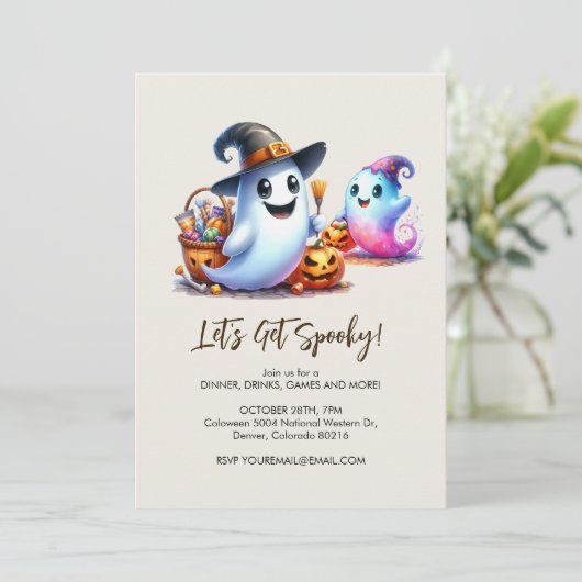 Lasst uns Spaß machen, 2 Niedliches Ghost Hallowee Einladung (Stehend Vorderseite)