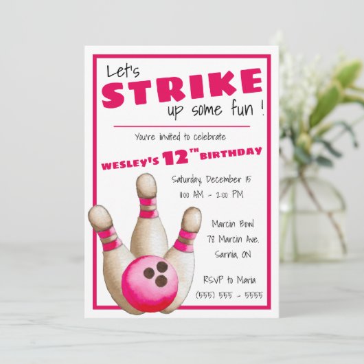 Lasst uns Spaß machen! Bowling Birthday Party Einladung (Stehend Vorderseite)